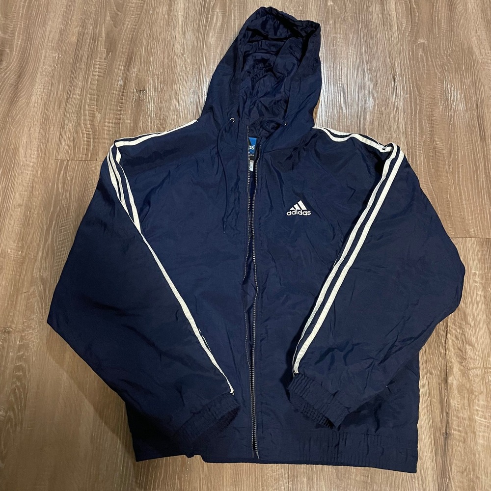 Adidas Mens Windbreaker Jacket Size M Navy Blue Nylon Hooded 3-Stripe Vintage